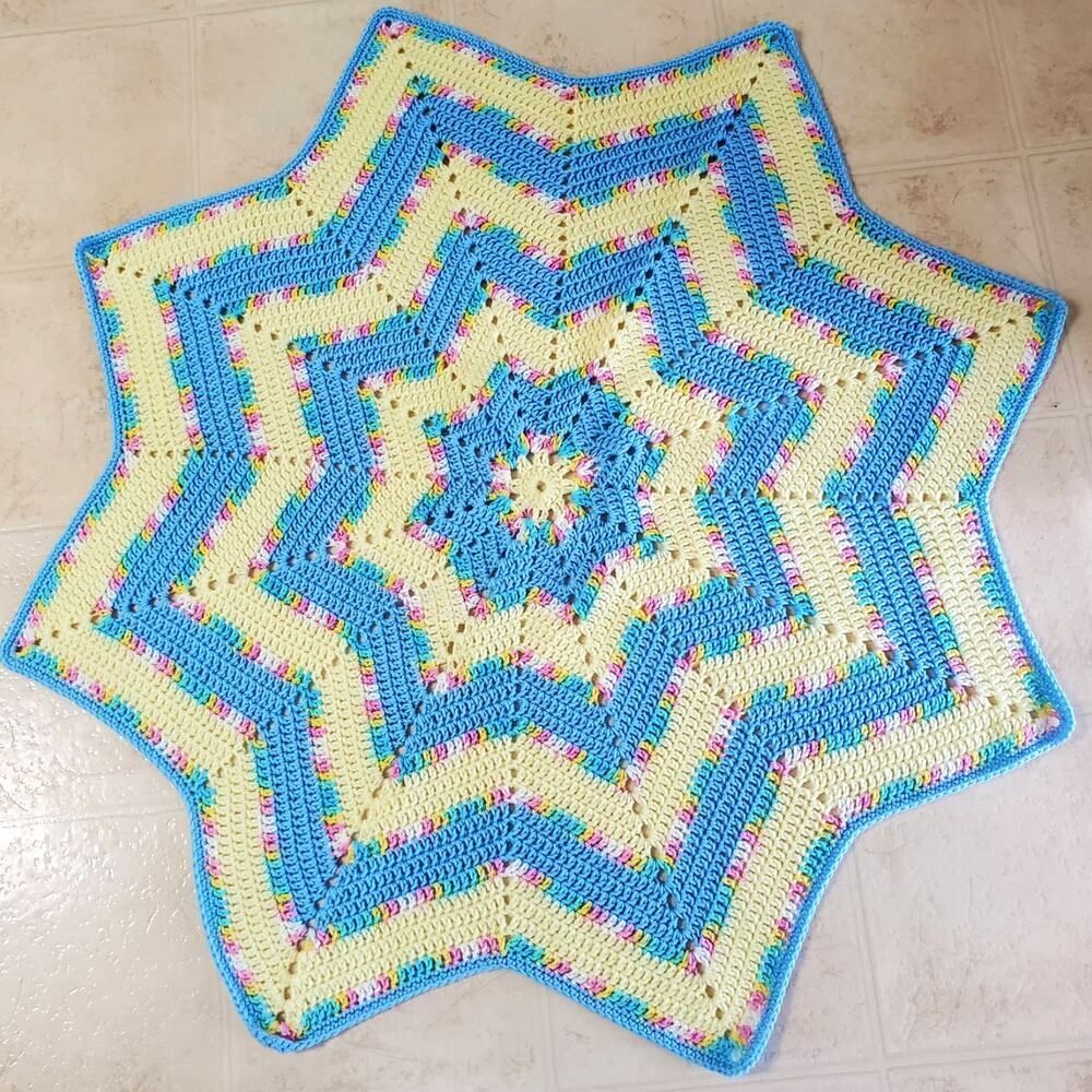 Handmade Star Afghan Baby Blanket Blue Yellow 35" x 47"
